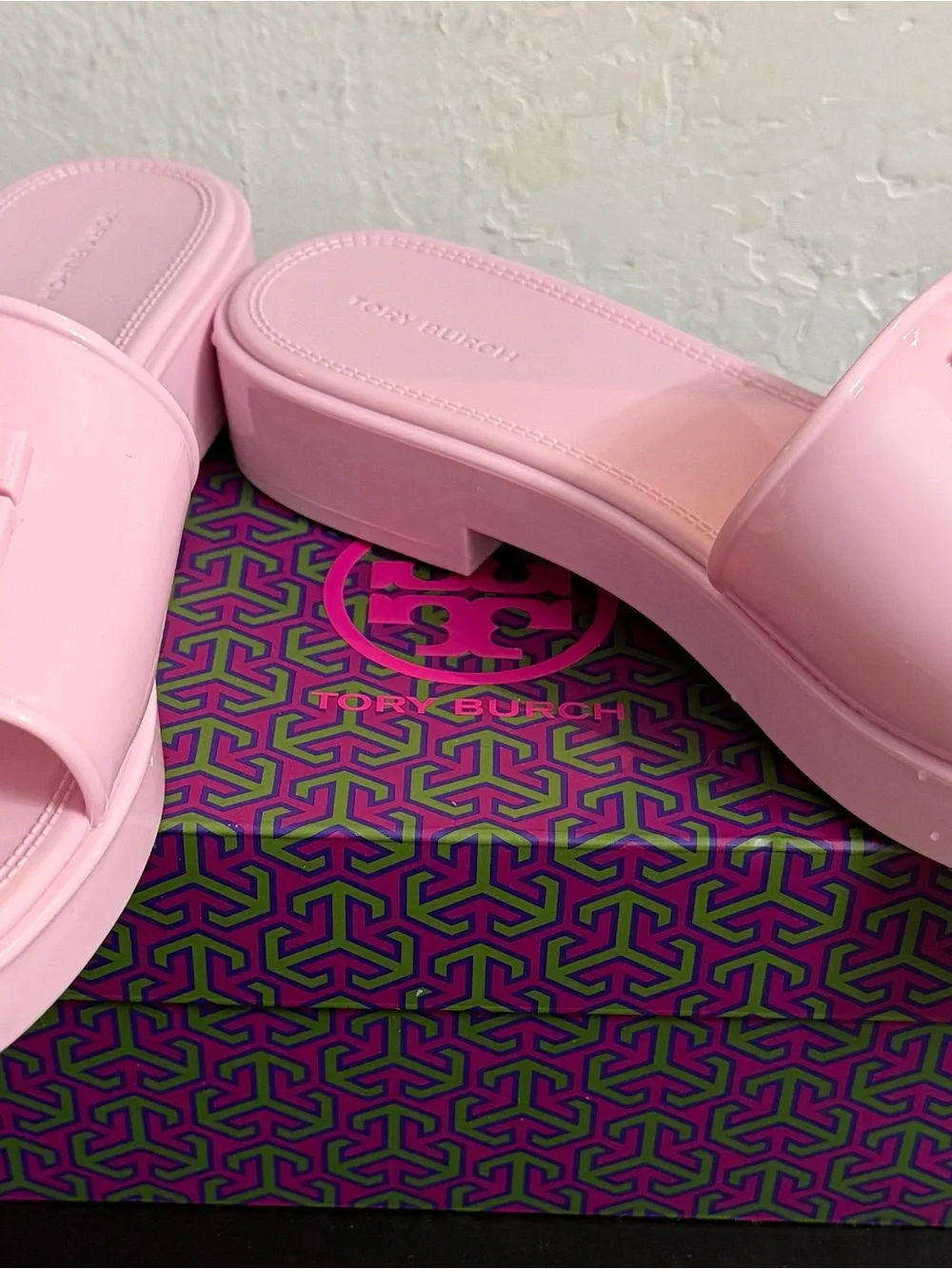Tory Burch Pink Patent Logo Slide Sandals
